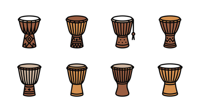 Set of colorful djembe drums with traditional patterns Vector