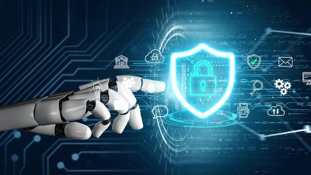 Futuristic Robot Hand Engaging with Digital Shield Symbol Representing Cybersecurity and Data Protection in a High-Tech Environment. Entropy.