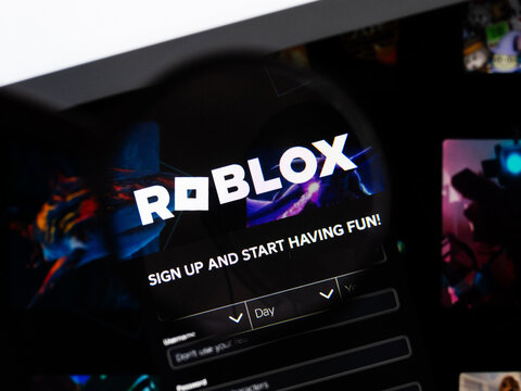 Milan, Italy 2026, 20 Apr Closeup of Roblox website on a laptop screen. Roblox logo under a magnifying glass.