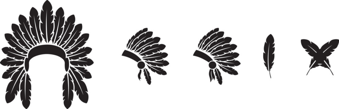 Black silhouette of a Native American headdress. silhouette vector set