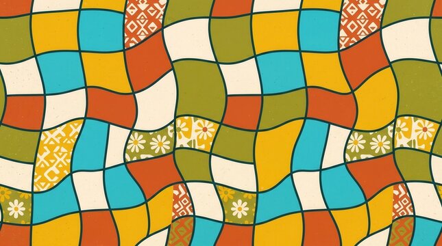 Wavy retro design in a 1970s style with colorful blocks, floral and geometric patterns