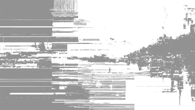 Glitchy distorted digital screen with horizontal lines and grey pixels on white background