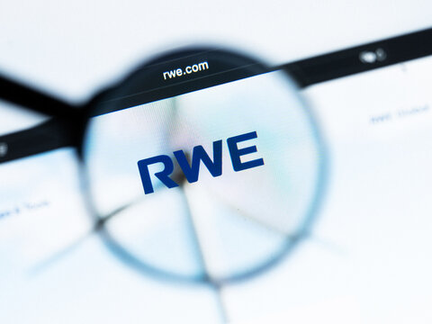 Milan, Italy 2026, 20 Apr Closeup of RWE Group website on a laptop screen. RWE Group logo under a magnifying glass.