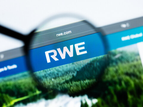 Milan, Italy 2026, 20 Apr Closeup of RWE Group website on a laptop screen. RWE Group logo under a magnifying glass.