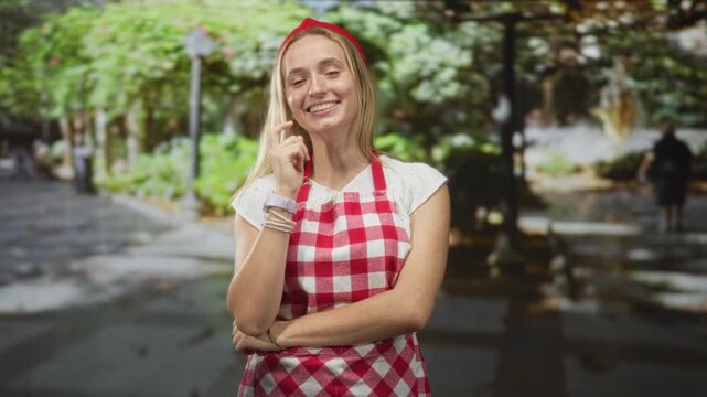 Woman chef blonde in red checkered apron and headband, smiling with finger to chin gesture and folded arms on street near trees and lamp posts; cheerful curiosity.