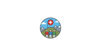 Fototapeta premium Swiss Alpine Hiking Group Icon with Flag