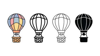 A delightful hot air balloon icon set showcasing various styles perfect for travel and adventure themes on a clean white background © MSTSENOARA
