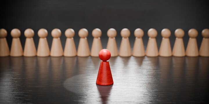 3d wooden pawn figurines in a line being one highlighted in red, spotlight, stage, public speaking, speech