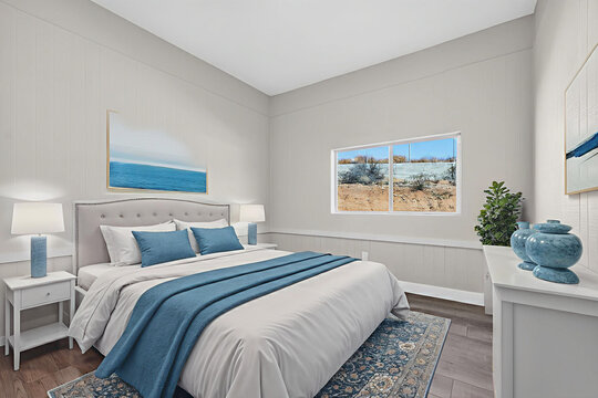 Blue and white bedroom with coastal decor and modern furnishings