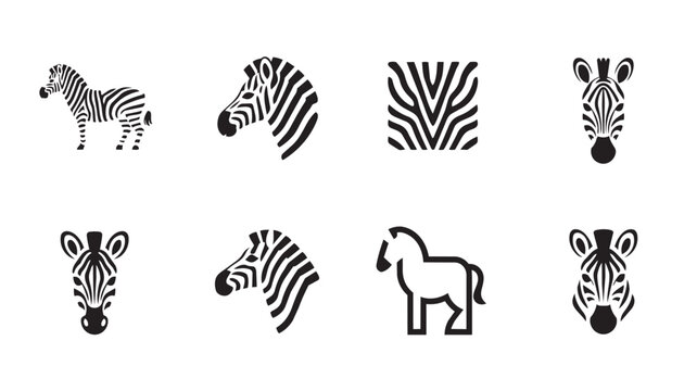 Set of black and white zebra icons and illustrations Vector