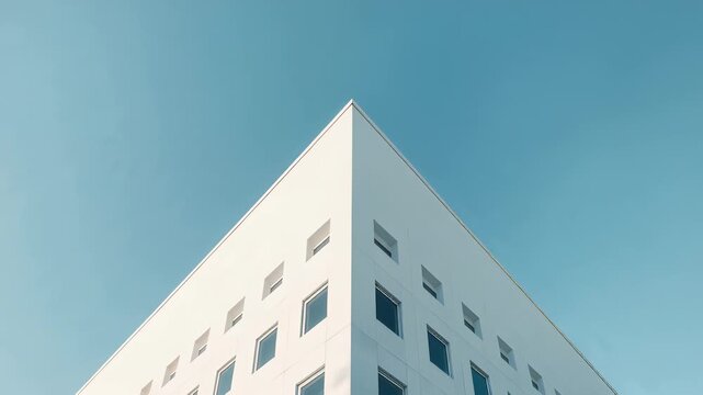 Upward view of a sharp white modern building corner with rows of square windows against a clear blue sky