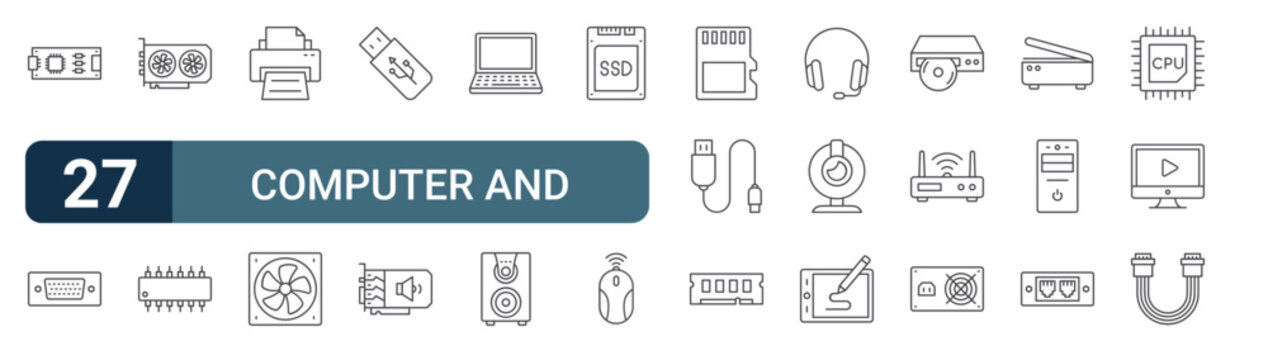 27 Computer and Hardware line icons set. Modern outline symbols including nano, vga, graphics card, integrated chip, printer for digital design