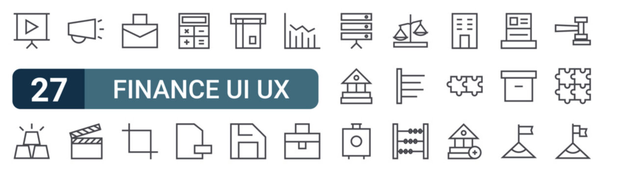 27 Finance UI UX line icons set. Modern outline symbols including tv, Gold Bars, megaphone, flim, briefcase for digital design