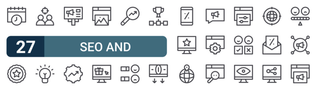 27 SEO and Promotion line icons set. Modern outline symbols including promotion, quality, target group, creative, Advertisement for digital design