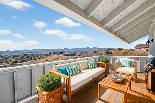 Cozy outdoor balcony seating with mountain view