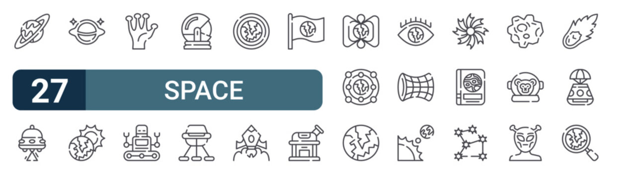 27 Space line icons set. Modern outline symbols including saturn, ufo, blackhole, earth, alien hand for digital design