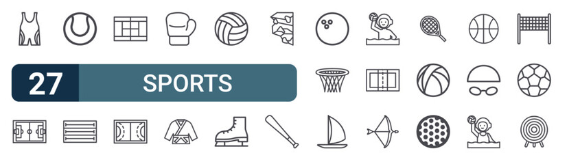 27 Sports line icons set. Modern outline symbols including wrestling, soccer field, tennis, swimming pool, tennis court for digital design © Isabella