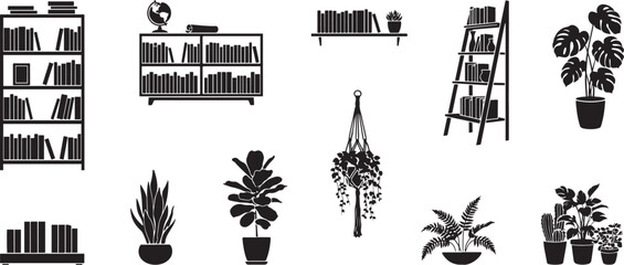 Black silhouette bookshelves with plants bookshelf. silhouette vector set © Misho x Mamun