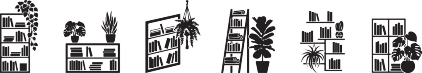 Black silhouette bookshelves with plants bookshelf. silhouette vector set © Misho x Mamun