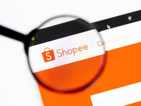 Milan, Italy 2026, 20 Apr Closeup of Shopee Fashion website on a laptop screen. Shopee Fashion logo under a magnifying glass.