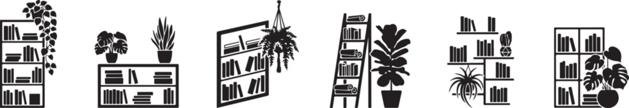 Black silhouette bookshelves with plants bookshelf. silhouette vector set