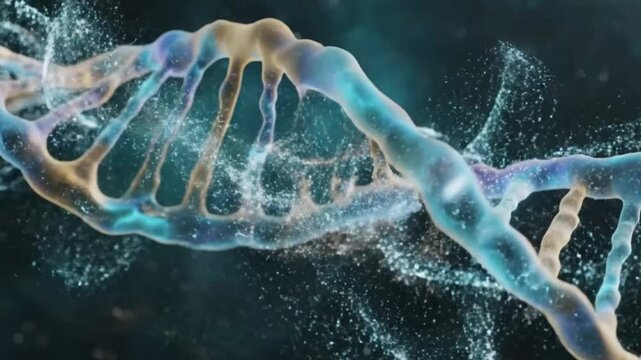 3d render of a glowing dna double helix structure against a dark background with floating particles representing genetic code and biological data