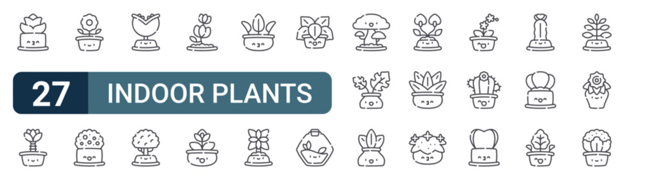 27 Indoor Plants line icons set. Modern outline symbols including aloe vera, palm, gerbera, coral bead, carnivorous plant for digital design