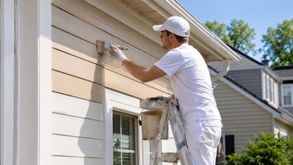 Fototapeta premium Professional House Painter Working On Exterior Home Renovation Project