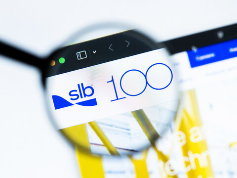 Milan, Italy 2026, 20 Apr Closeup of SLB website on a laptop screen. SLB logo under a magnifying glass.