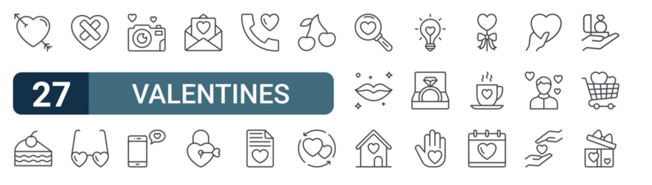 27 Valentines line icons set. Modern outline symbols including heart, cake piece, heart, heart glasses, wedding photography for digital design