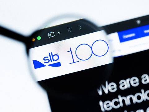 Milan, Italy 2026, 20 Apr Closeup of SLB website on a laptop screen. SLB logo under a magnifying glass.