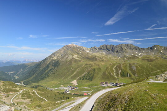 K&uuml;htai village seen from Neunerkogel summit with alpine mountain panorama view