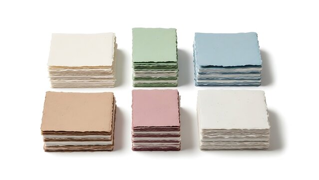 Collection of various pastel and earthy toned textured paper bundles for stationery mockup, 3D illustration.