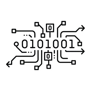 Digital circuit board path with binary code and directional arrows icon