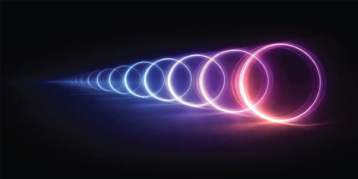 Futuristic Neon Portal Rings with Blue Purple Light Trails and Abstract Technology Background