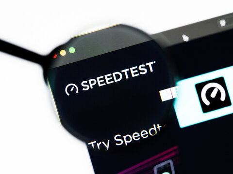 Milan, Italy 2026, 20 Apr Closeup of Speedtest website on a laptop screen. Speedtest logo under a magnifying glass.