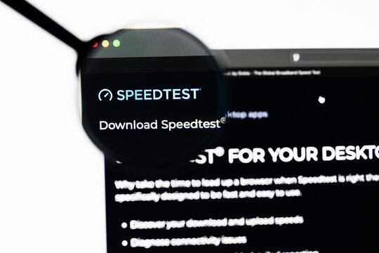 Milan, Italy 2026, 20 Apr Closeup of Speedtest website on a laptop screen. Speedtest logo under a magnifying glass.