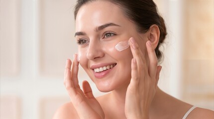 Obraz premium Smiling young woman applying moisturizing cream to her cheek. Daily skincare routine and facial treatment for healthy skin.
