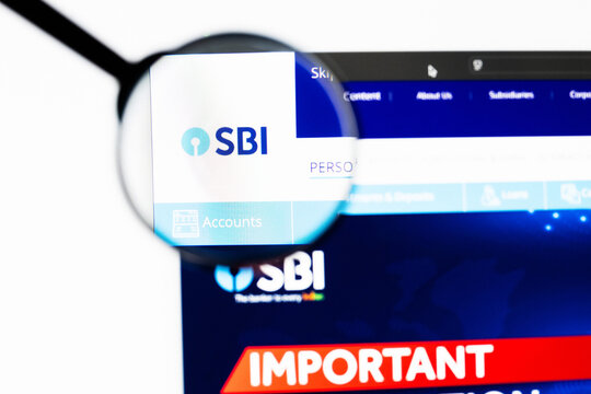 Milan, Italy 2026, 20 Apr Closeup of State Bank of India website on a laptop screen. State Bank of India logo under a magnifying glass.