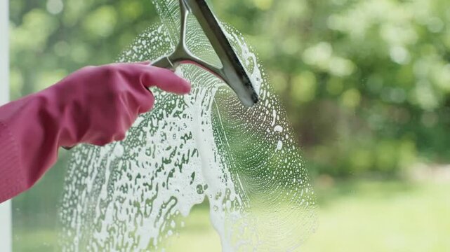 Closeup of a person wearing pink rubber gloves cleaning a glass window with a squeegee and soapy water
