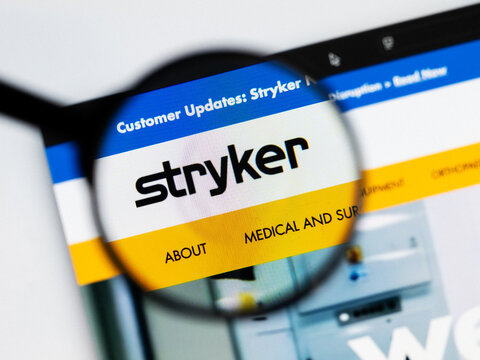 Milan, Italy 2026, 20 Apr Closeup of Stryker website on a laptop screen. Stryker logo under a magnifying glass.
