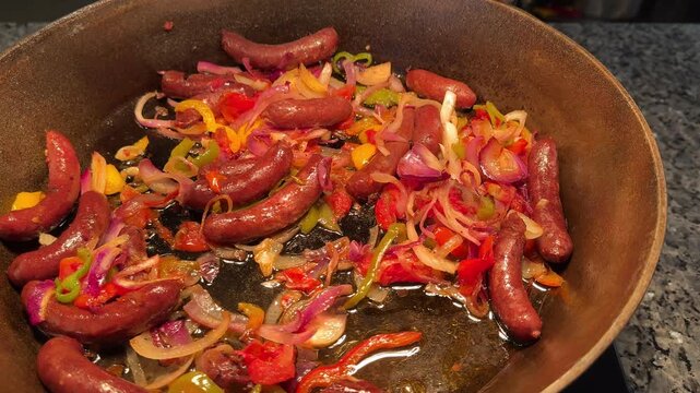 Sausages are frying with onions, peppers, and tomatoes in a rustic skillet, creating a colorful, hearty, and appetizing homemade dish.