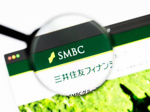 Milan, Italy 2026, 20 Apr Closeup of Sumitomo Mitsui Banking Corporation website on a laptop screen. Sumitomo Mitsui Banking Corporation logo under a magnifying glass.