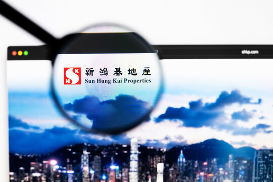 Milan, Italy 2026, 20 Apr Closeup of Sun Hung Kai Properties website on a laptop screen. Sun Hung Kai Properties logo under a magnifying glass.