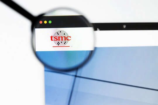 Milan, Italy 2026, 20 Apr Closeup of Taiwan Semiconductor website on a laptop screen. Taiwan Semiconductor logo under a magnifying glass.