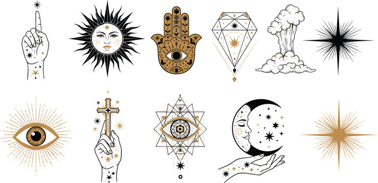 Mystical Celestial Vector Element Set with Gold and Black Esoteric Symbols Featuring Sun, Crescent Moon, Hamsa Hand, and Evil Eye for Astrology Tarot Card Designs