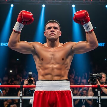 Boxer in Ring Celebrating Victory with Raised Fists.