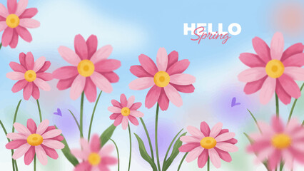 Fototapeta premium Bright Pink Flowers Greeting Card Design With Hello Spring Text