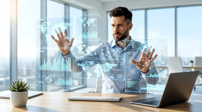 Man Interacting with Futuristic Holographic Data Interface in Modern Office