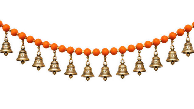 String of orange marigold flowers with small bells isolated on transparent background